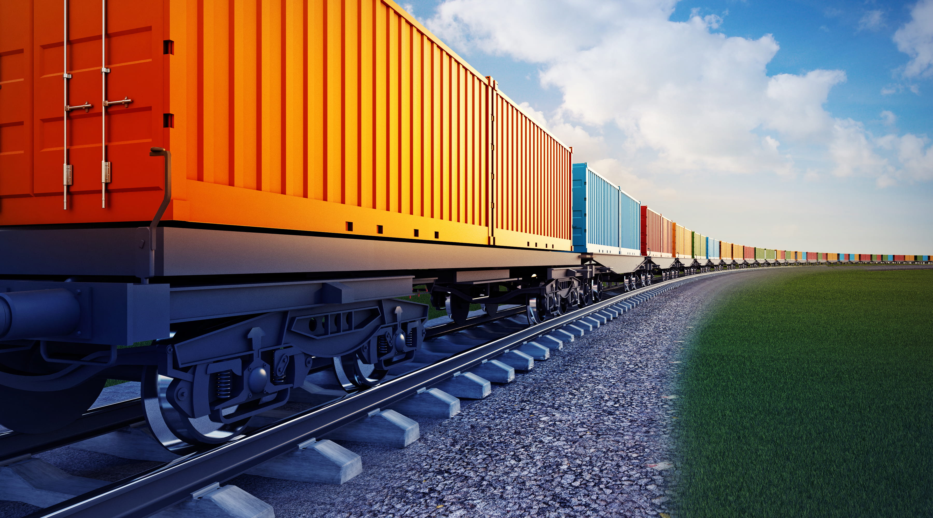 3d illustration of wagon of freight train with containers on the sky background