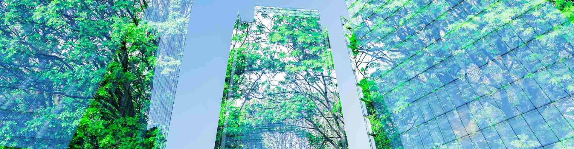 Abstract city skyscrapers covered with green trees.