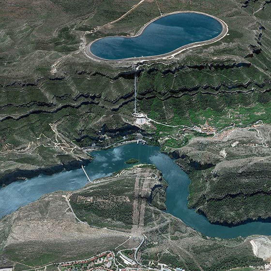 Aerial view of a pumped hydropower plant in Spain.