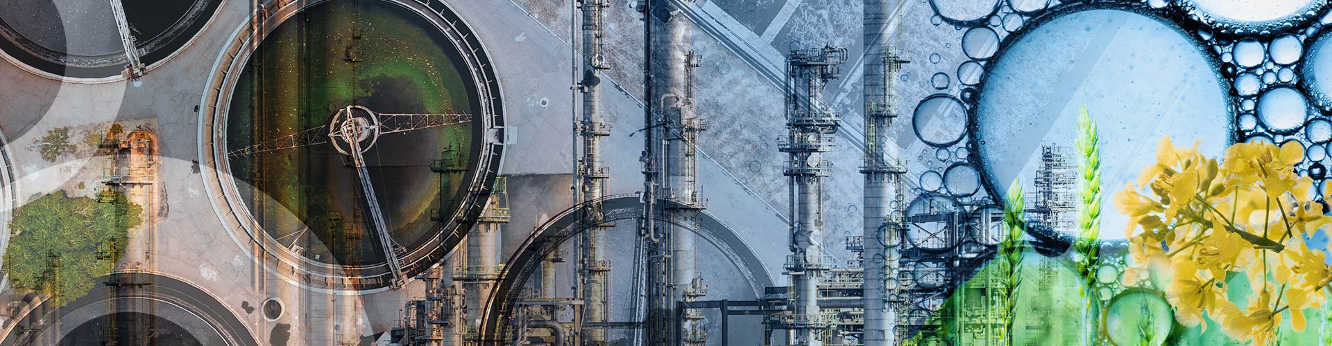 Collage of water storage tanks, refinery, canola plant and oil in water bubbles.