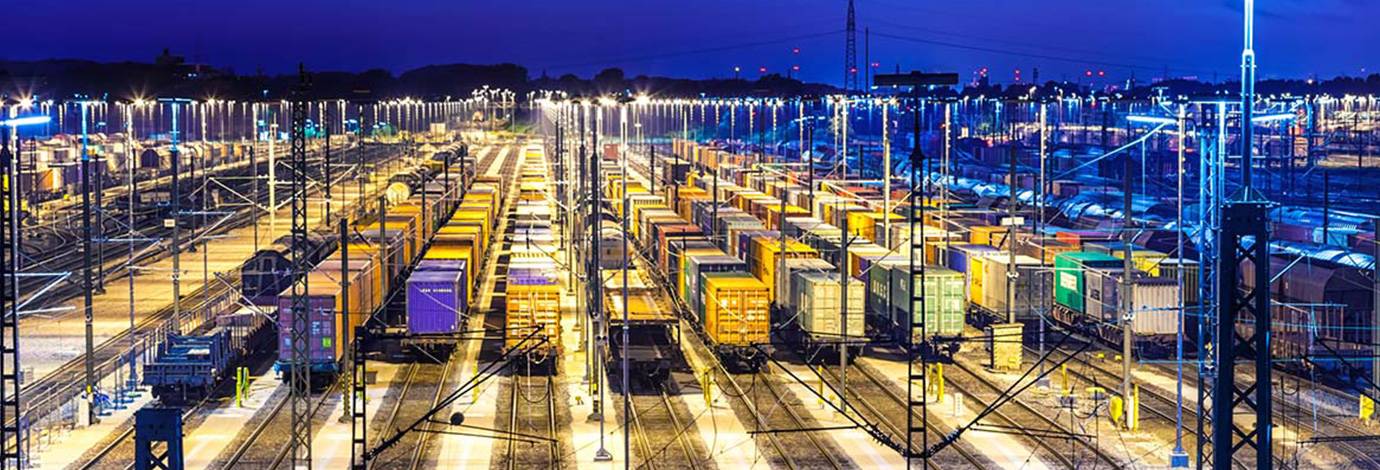 Large rail yard with freight trains and wagons, at sunset.