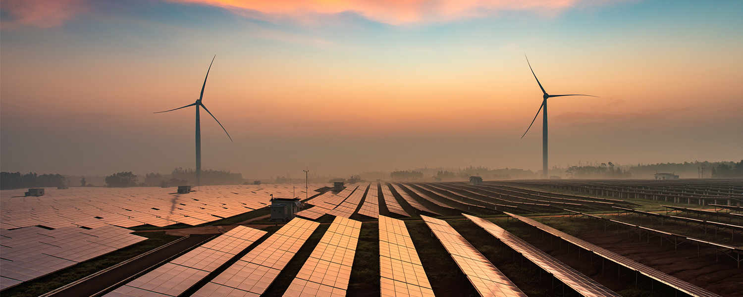 Solar power plant with two wind turbines